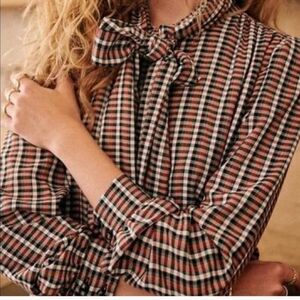 Sézane Robe Selena in Lurex Tiles, plaid tie long sleeve ruffle dress